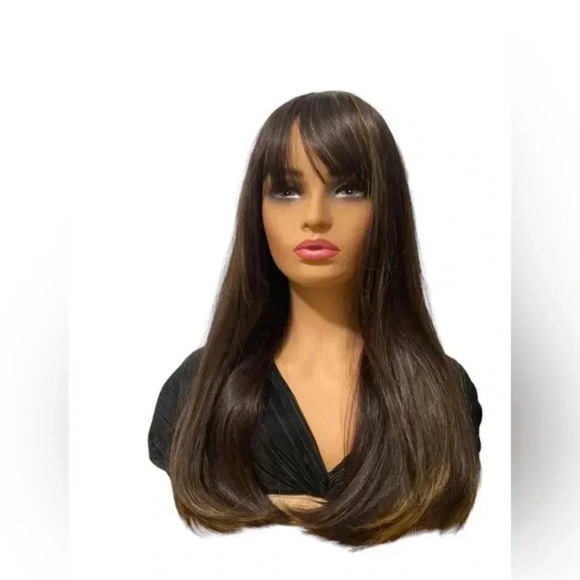 long Wig With Bangs Blonde Highlights & Brown Hair 25” - Picture 1 of 8